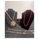 Cool VTG Costume Jewelry Mixed Lot of 4 - Inc Large Red & Gold Tone Filigree Floral Necklace