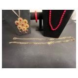Cool VTG Costume Jewelry Mixed Lot of 4 - Inc Large Red & Gold Tone Filigree Floral Necklace