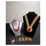 VTG Costume Jewelry Mixed Lot - Signed Cherry Brooch, 2 Necklaces & Bracelet