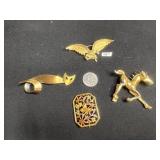 Brooch Pin Lot of 4 - Van S. Authentics Eagle, Horse, Floral & Scroll