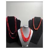 Red Glass Bead Necklace Mixed Lot - 3 Pieces