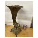 Vintage Ornate Cast Metal Trumpet Vase Footed Bronze Tone