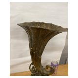 Vintage Ornate Cast Metal Trumpet Vase Footed Bronze Tone