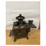 Crescent Cast Iron Toy Cook Stove w Pots Kettle Approx 11in Vintage