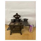Crescent Cast Iron Toy Cook Stove w Pots Kettle Approx 11in Vintage