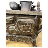 Crescent Cast Iron Toy Cook Stove w Pots Kettle Approx 11in Vintage
