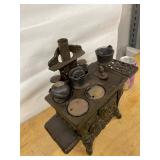 Crescent Cast Iron Toy Cook Stove w Pots Kettle Approx 11in Vintage