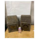 Antique Japanned Tin Storage Bins Pair Hinged Lids Embossed Decor