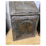 Antique Japanned Tin Storage Bins Pair Hinged Lids Embossed Decor
