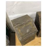 Antique Japanned Tin Storage Bins Pair Hinged Lids Embossed Decor