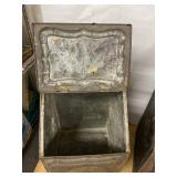 Antique Japanned Tin Storage Bins Pair Hinged Lids Embossed Decor
