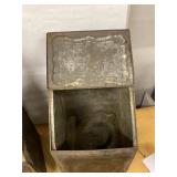 Antique Japanned Tin Storage Bins Pair Hinged Lids Embossed Decor