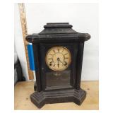 Antique Black Mantel Shelf Clock Roman Dial Pendulum Gong Approx 16in