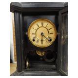 Antique Black Mantel Shelf Clock Roman Dial Pendulum Gong Approx 16in