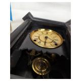 Antique Black Mantel Shelf Clock Roman Dial Pendulum Gong Approx 16in