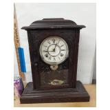 Antique Wooden Mantel Clock Roman Dial Pendulum Approx 18in Untested