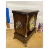 Sessions mantel clock wood case brass bezel lion pulls, untested