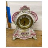Antique Porcelain Mantel Clock BHA French Movement Floral Pink Case