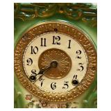 Ansonia Porcelain Mantel Clock Green Floral Ornate Case Approx 12in