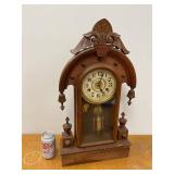 Antique Gingerbread Mantel Clock Walnut Case Pendulum Key Wind