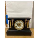 Antique Black Mantel Clock with Gilt Trim and Columns Approx. 14in