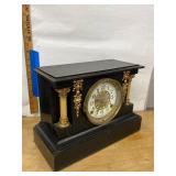 Antique Black Mantel Clock with Gilt Trim and Columns Approx. 14in