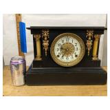 Antique Black Mantel Clock with Gilt Trim and Columns Approx. 14in