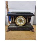 Ornate Black Marble-Style Mantel Clock With Key