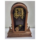 Vintage Wooden Mantel Clock With Brass Movement & Pendulum