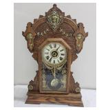 Ornate Wooden Shelf Clock With Glass Door & Pendulum
