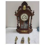 Ornate Wood Mantel Clock With Pendulum & Figural Accents