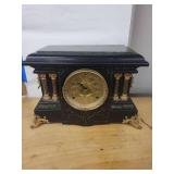 Antique Black Slate Mantel Clock w Gilt Metal Columns & Open Escapement