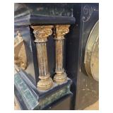 Antique Black Slate Mantel Clock w Gilt Metal Columns & Open Escapement