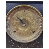 Antique Black Slate Mantel Clock w Gilt Metal Columns & Open Escapement