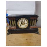 E. Ingraham Antique Mantel Clock Black Faux Marble Column Case
