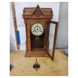 Antique Victorian Walnut Gingerbread Shelf Clock w Pendulum Barometer