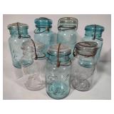 Assortment of Blue & Clear Glass Ball Jars w/Lids