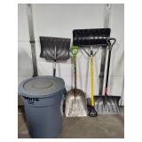 Shovels & Large Garage Trash Bin w/Lid