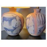 Heartline Deer Zuni Pueblo Pottery Lamp Pair