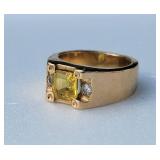 14K Yellow Gold Topaz Ring with Diamond Accents, Size 9.5, 19g
