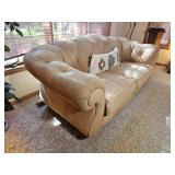 Cream Tufted Leather Sofa with Rolled Arms