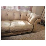 Cream Tufted Leather Sofa with Rolled Arms