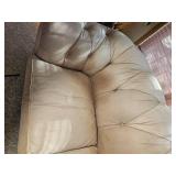 Cream Tufted Leather Sofa with Rolled Arms
