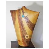 Southwestern Style Carved Wood Vase with Turquoise Accents