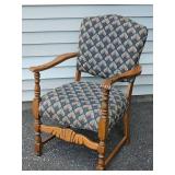 Carved Wood Armchair with Patterned Upholstery