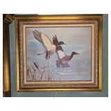 M. Holmes Original Framed Hooded Merganser Duck Painting with Picture Light