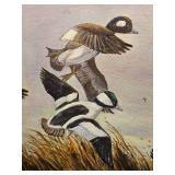 M. Holmes Original Framed Flying Mallard Painting with Picture Light