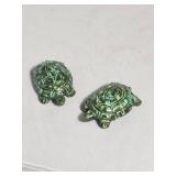 Green Glazed Ceramic Turtle Figurine Pair