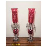 Pair of Ruby Red Glass Hurricane Accent Lamps