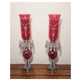 Pair of Ruby Red Glass Hurricane Accent Lamps